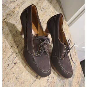 L.L. Bean Signature Size 10 M Brown Canvas Pumps High Heel Lace Up Victorian